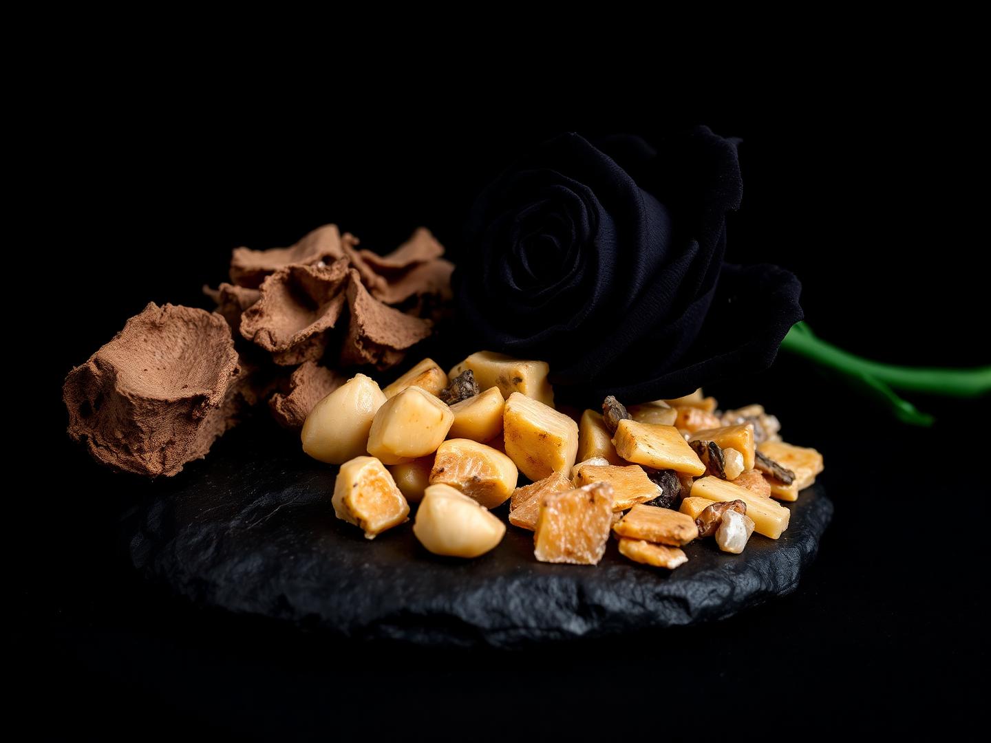 Oud chips, ambergris and a black rose on dark stone