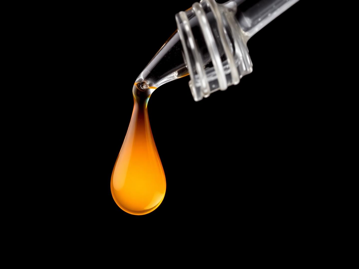 A glass pipette releasing a single amber drop
