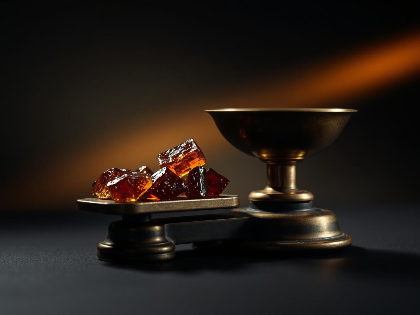 Dark amber resin weighed on an antique brass scale
